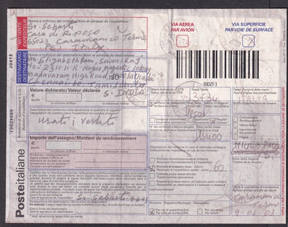 Italy 2003 parcel card to India with Euro 6.20 block of 6, etc.