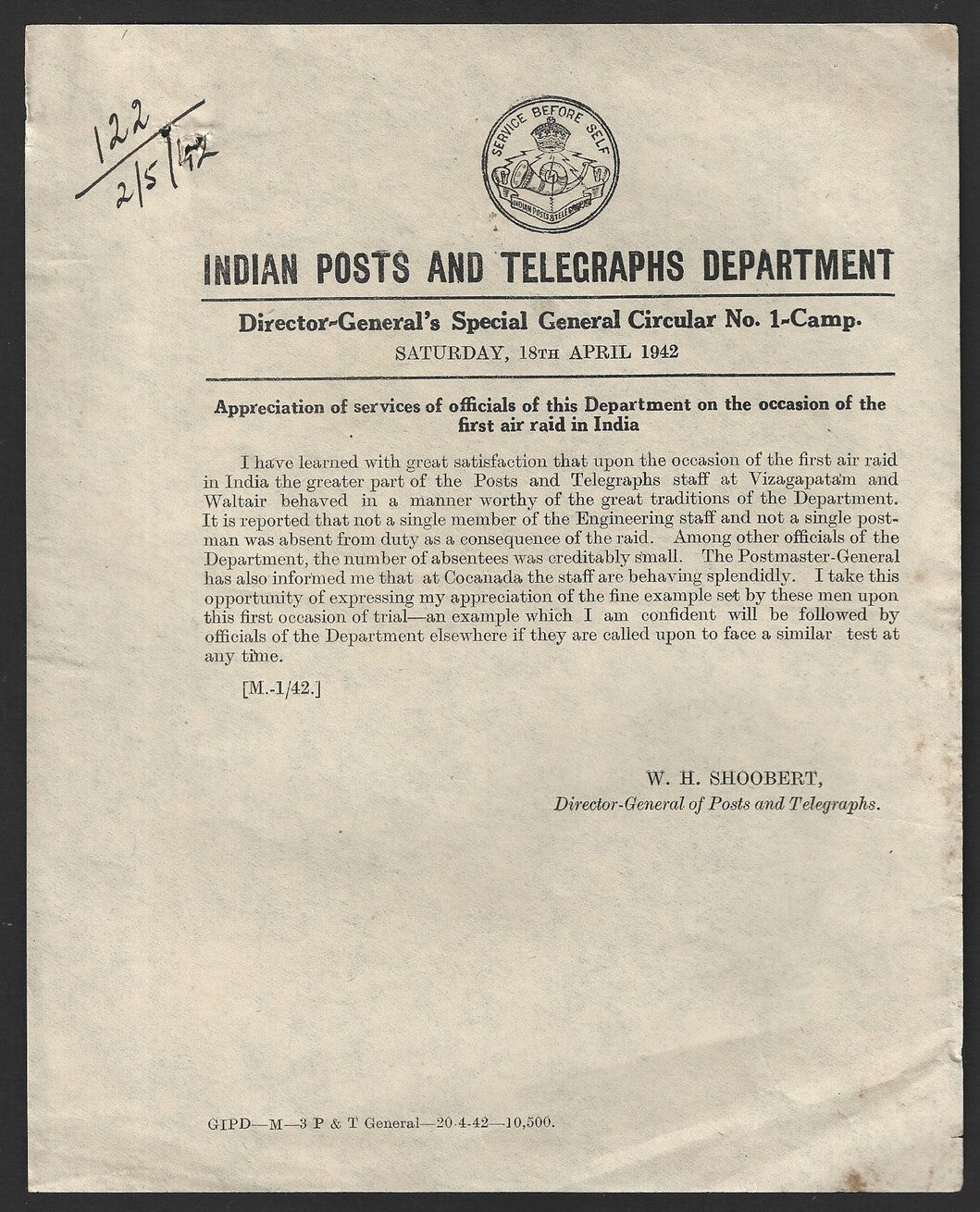 India POSTAL CIRCULAR No. 1-Camp 18th April 1942 First Air Raid in India
