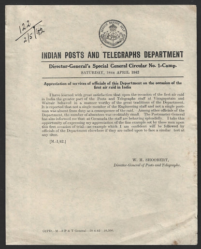India POSTAL CIRCULAR No. 1-Camp 18th April 1942 First Air Raid in India