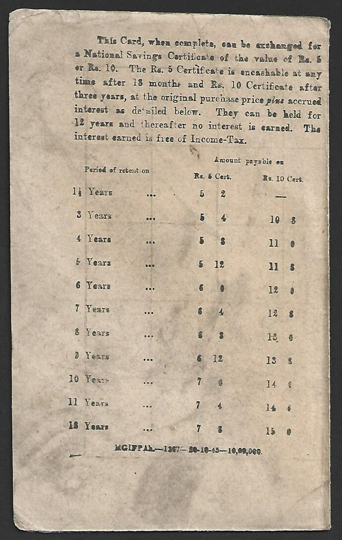 India National Savings card with 1947 NATIONAL SAVINGS INDIA stamps x 12