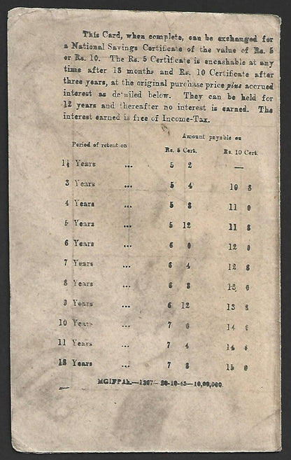 India National Savings card with 1947 NATIONAL SAVINGS INDIA stamps x 12