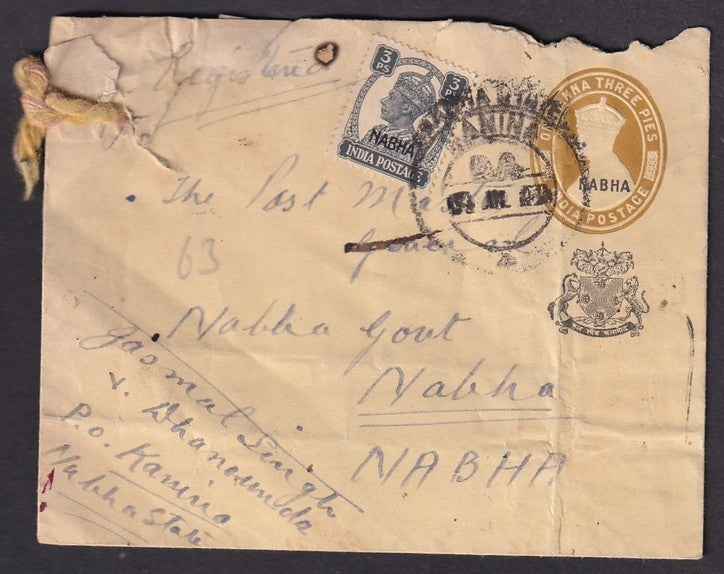 India Nabha State King George VI 1a3p bistre envelope uprated for registration