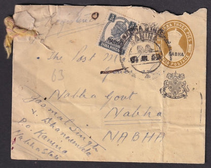 India Nabha State King George VI 1a3p bistre envelope uprated for registration
