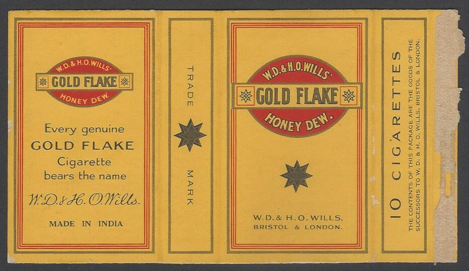 AOP India vintage empty packet W.D.& H.O. Wills Gold Flake Cigarettes 