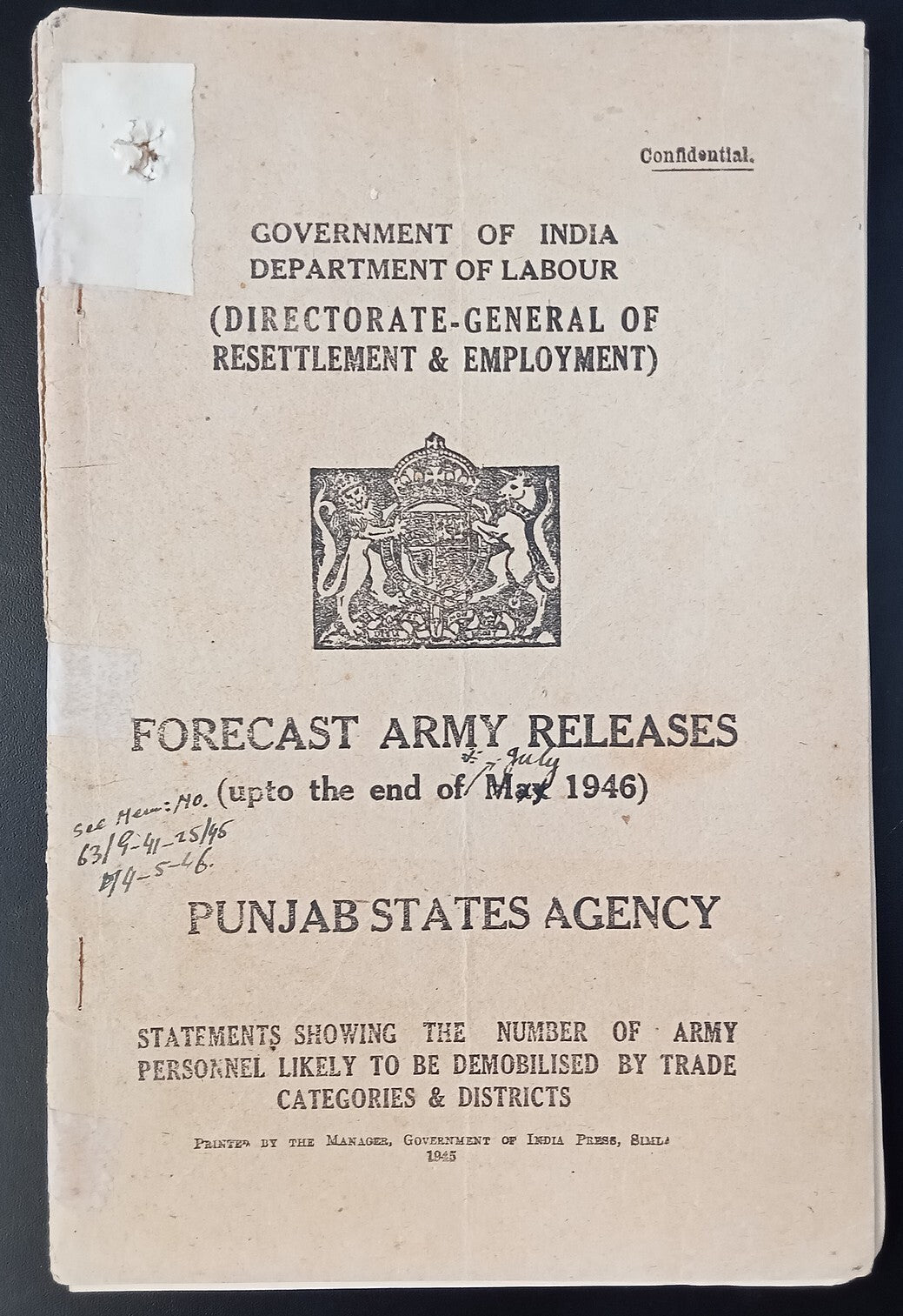 India 1946 FORECAST ARMY RELEASES PUNJAB STATES AGENCY trade & profession stats