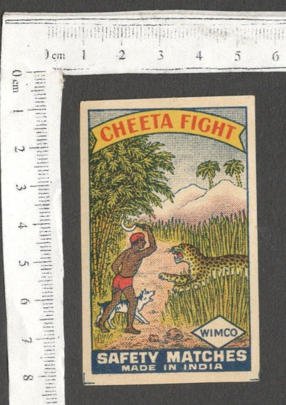 AOP India vintage matchbox label Cheeta Fight by WIMCO