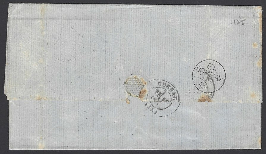 India 1870 stampless Bombay to France GB/LF 66c accountancy mark FA ARDASEER