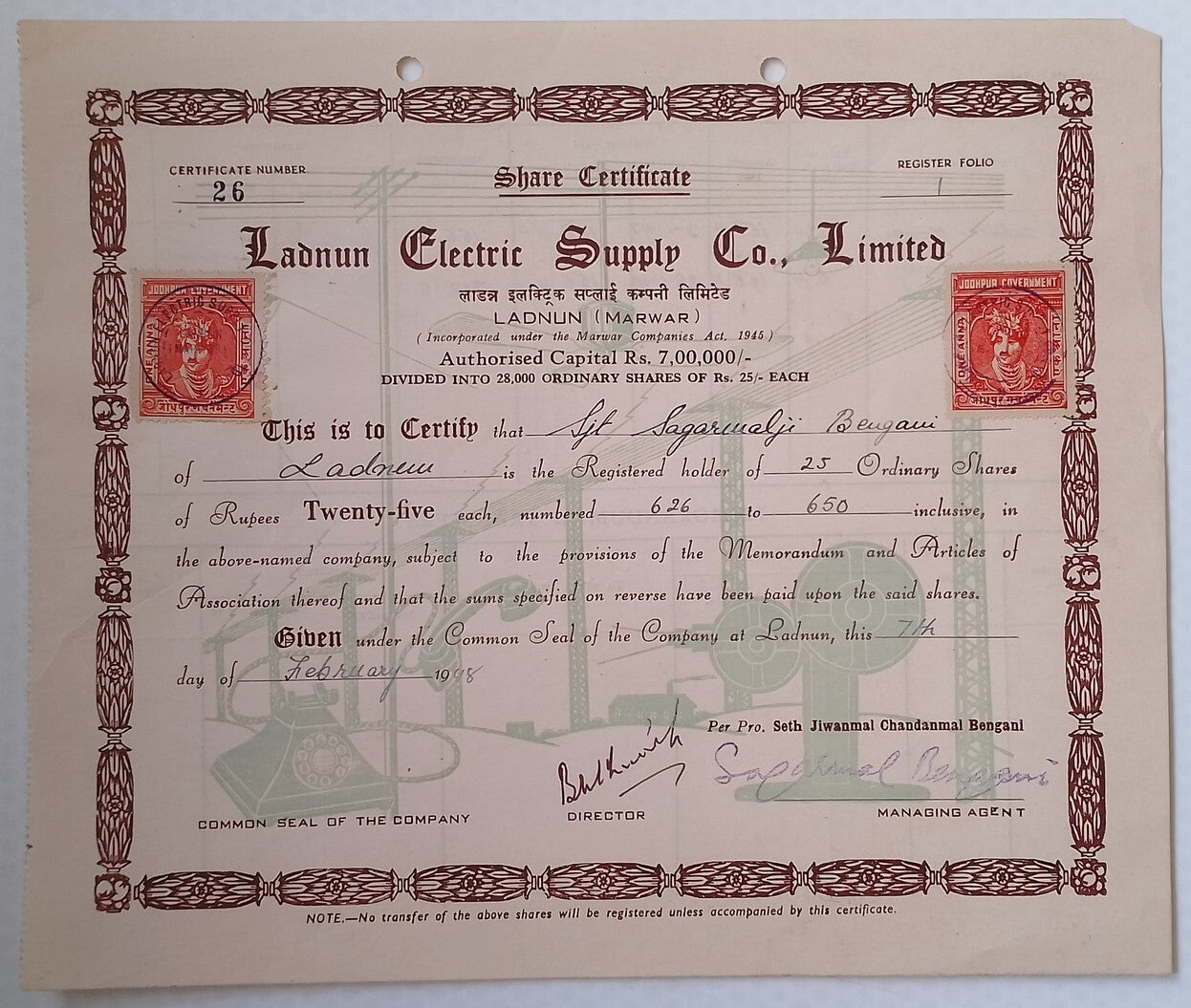 (AOP) India share certificate - 1948 LADNUM ELECTRIC SUPPLY CO. LTD.