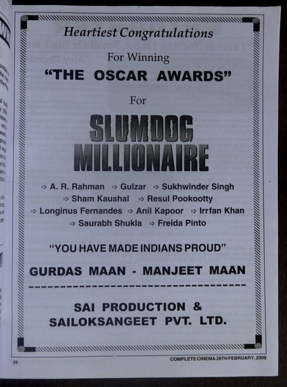 Bollywood Trade magazine COMPLETE CINEMA 28 Feb 2009 issue – Sunny Deol cover