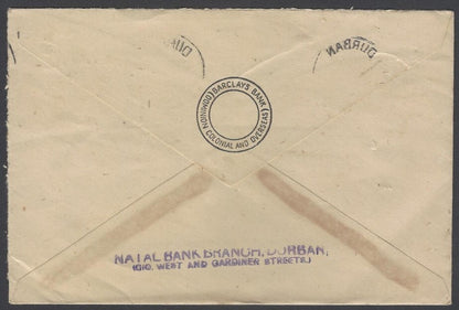 AOP South Africa 1943 bantam 2d single franking cover Durban to India