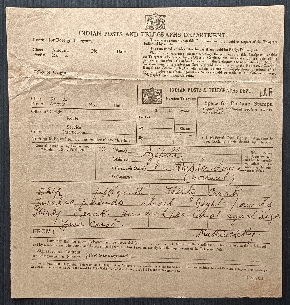 India 1934 FOREIGN TELEGRAM unsubmitted with both halves complete