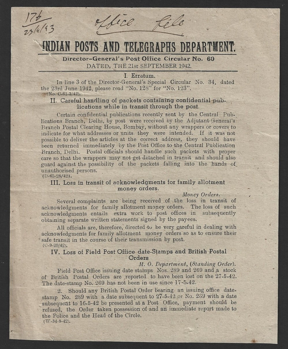 India POSTAL CIRCULAR No. 60 21st Sep 1942 Loss of Field Post Office date-Stamps