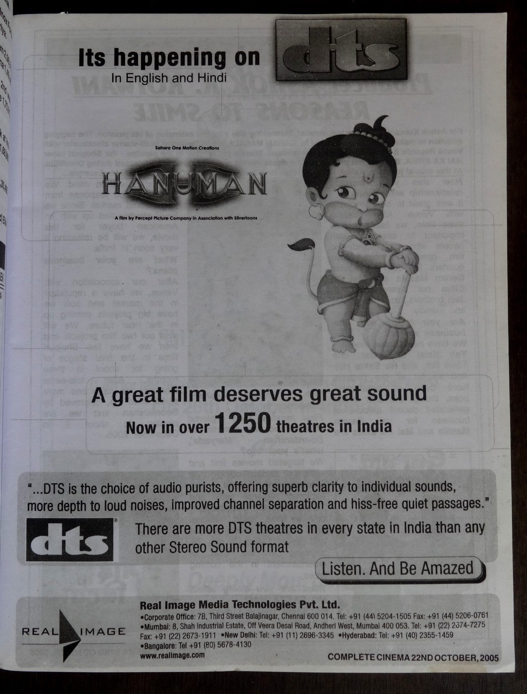 Bollywood Trade magazine COMPLETE CINEMA 22 Oct 2005 issue – RAFTA RAFTA cover