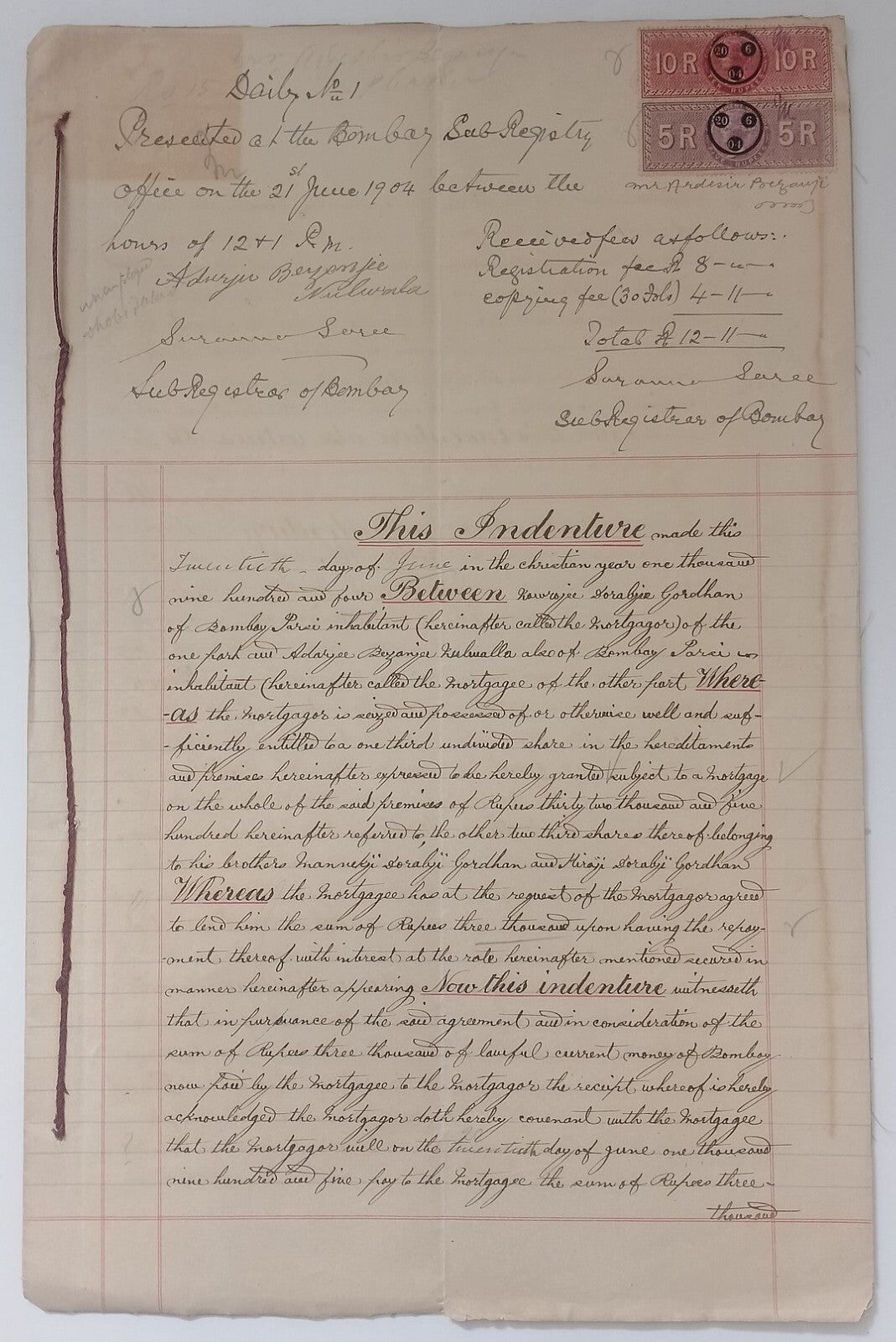 AOP India QV Queen Victoria 1868 Special Adhesive 5R &10R on 1904 indenture