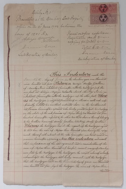AOP India QV Queen Victoria 1868 Special Adhesive 5R &10R on 1904 indenture