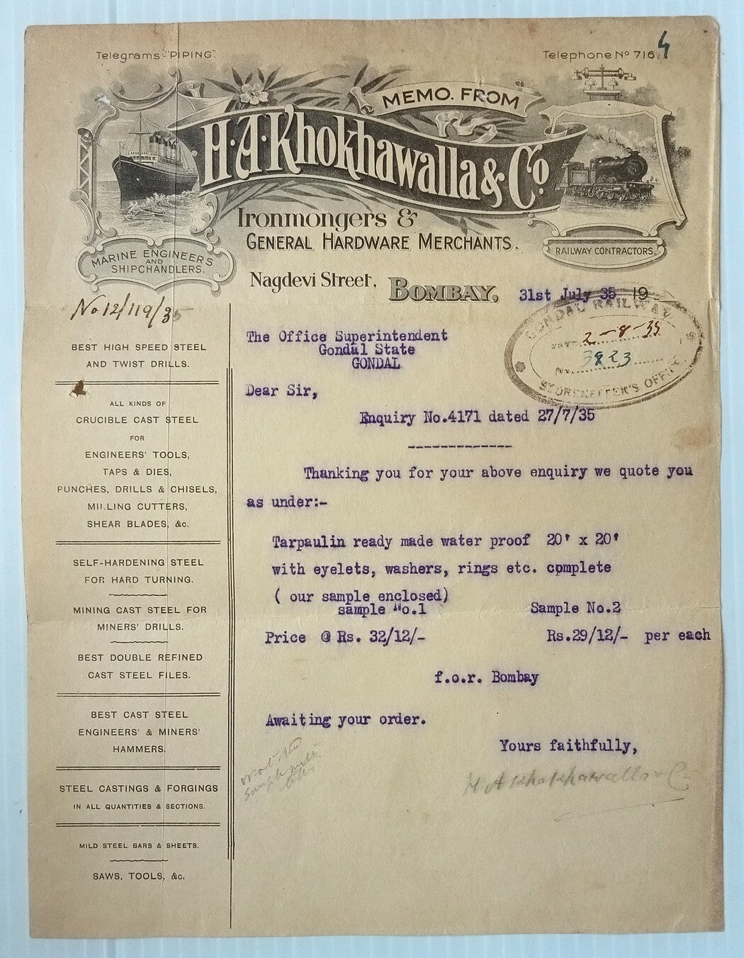 AOP Ironmongers & General Hardware Merchants Bombay 1935 illus letterhead India