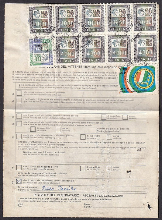 Italy 1977 4000 Lire x 9, etc. on parcel card to India