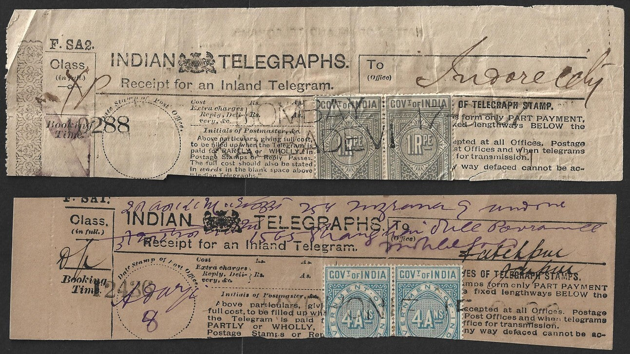 AOP India QV Telegraph stamp pairs on 1906-07 telegraph receipts (2)