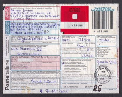 Italy 2001 parcel card to India wi a combination of Lire & dual currency issues
