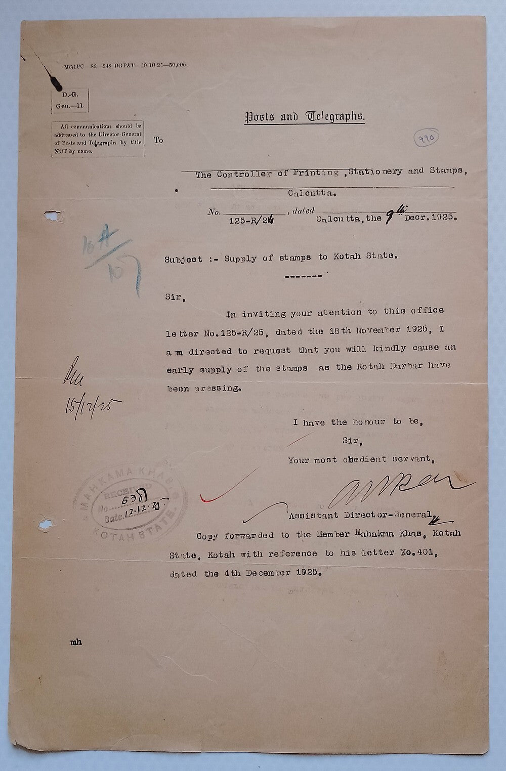 AOP India Official correspondence :Supply of Service stamps to KOTAH STATE 1925