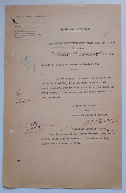 AOP India Official correspondence :Supply of Service stamps to KOTAH STATE 1925