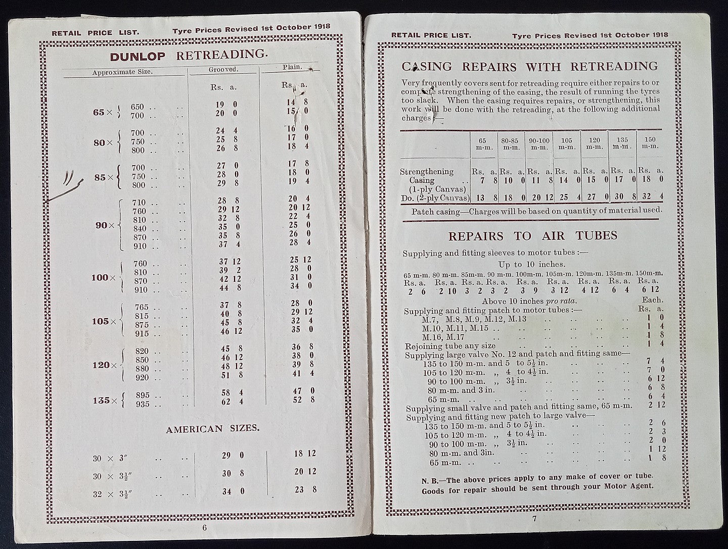 India 1918-19 DUNLOP PNEUMATIC MOTOR TYRES Retail Price List