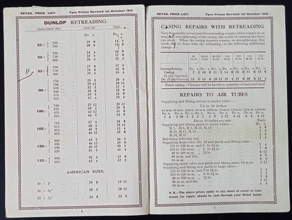India 1918-19 DUNLOP PNEUMATIC MOTOR TYRES Retail Price List