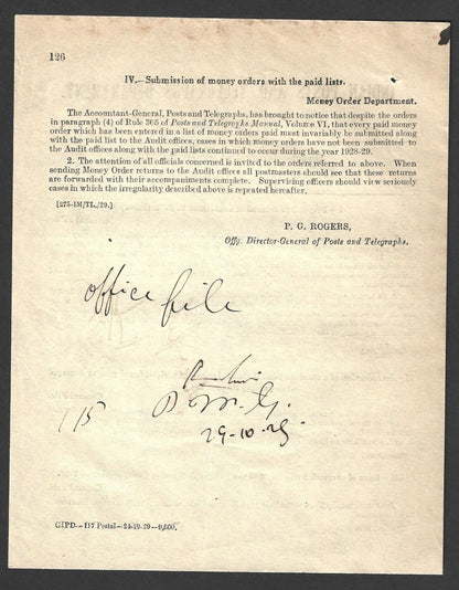 India 1929 DG'S POSTAL CIRCULAR Disposal of refused or unclaimed VP articles etc