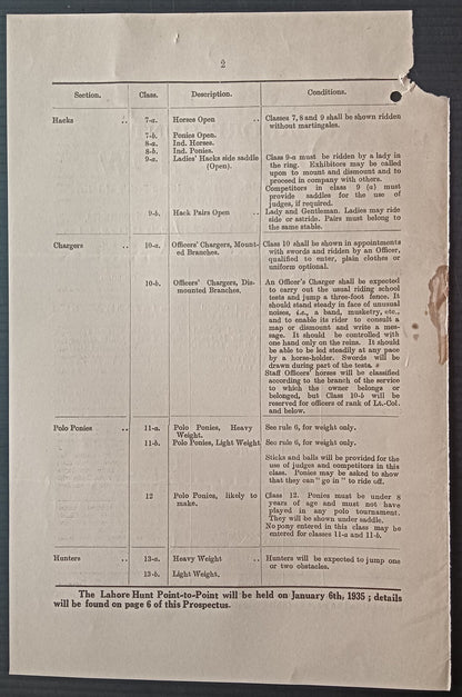 India 1934 LAHORE HUNT / HORSE SHOW programme