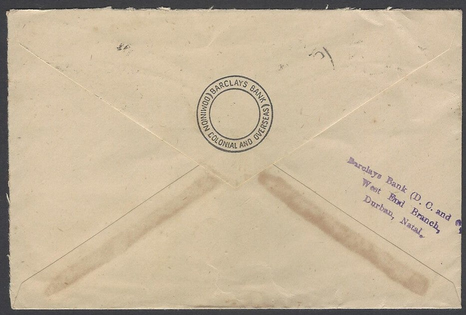 AOP South Africa 1943 bantam 2d single franking cover Durban to India