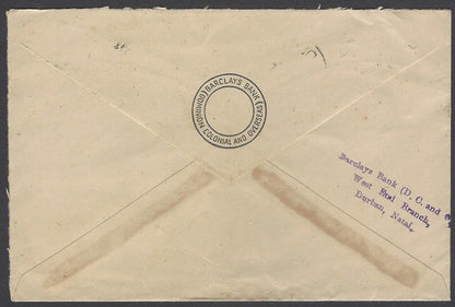 AOP South Africa 1943 bantam 2d single franking cover Durban to India
