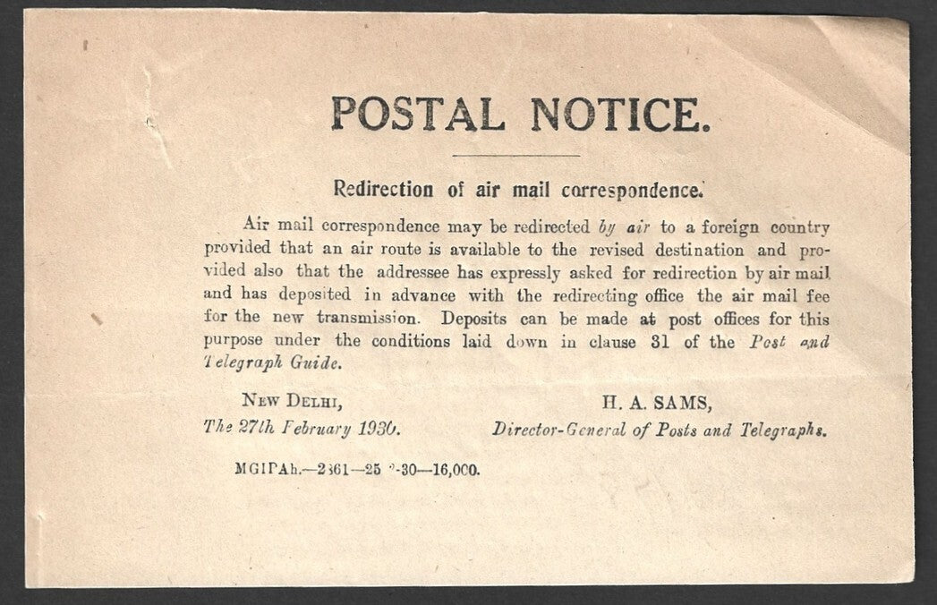 India 1930 POSTAL NOTICE Redirection of air mail correspondence