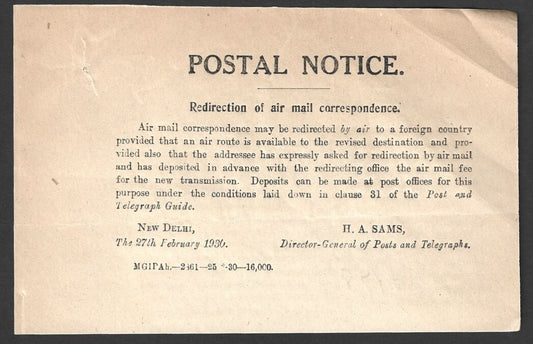 India 1930 POSTAL NOTICE Redirection of air mail correspondence