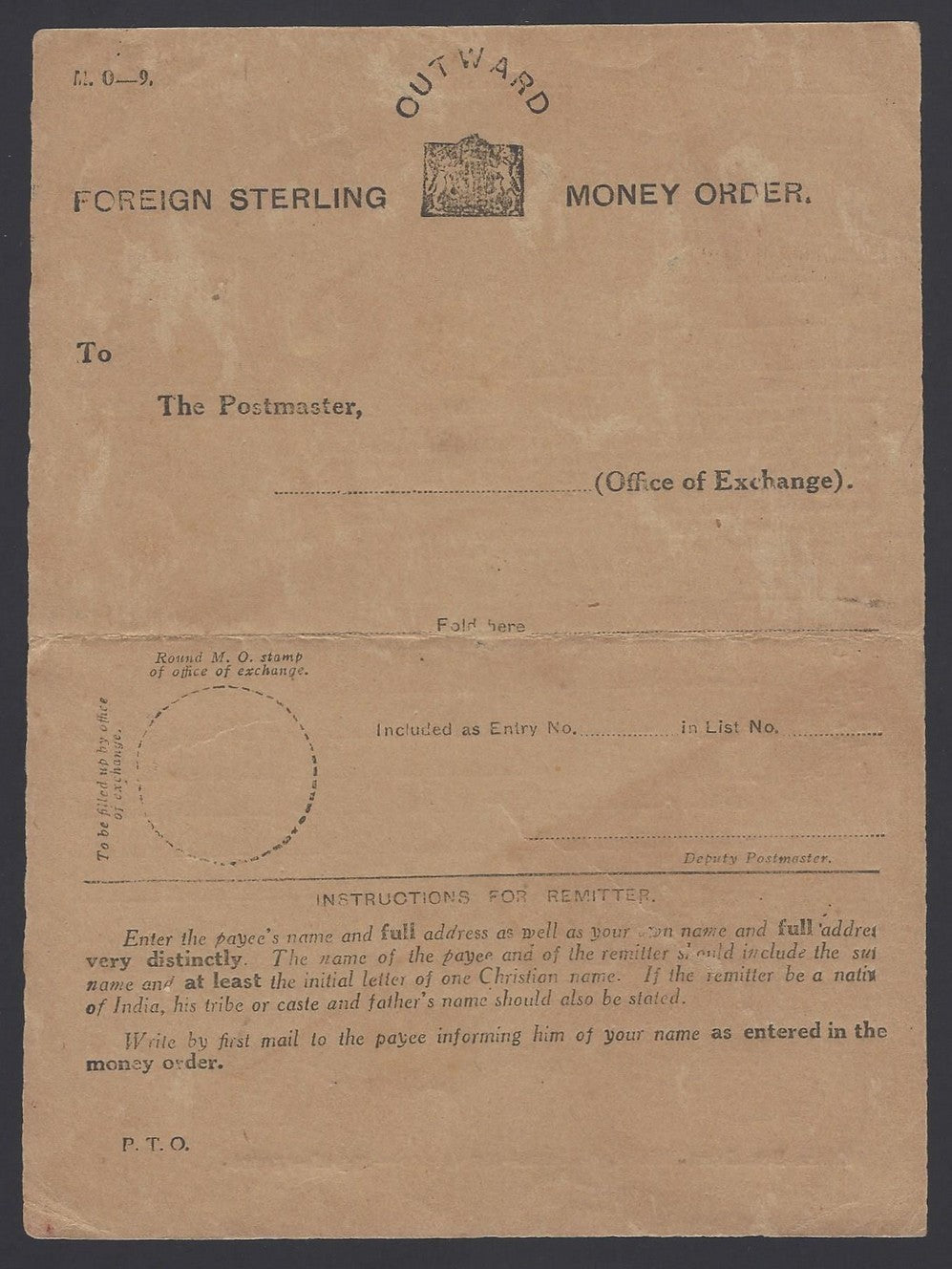 India 1928 Foreign Sterling Outward Money Order