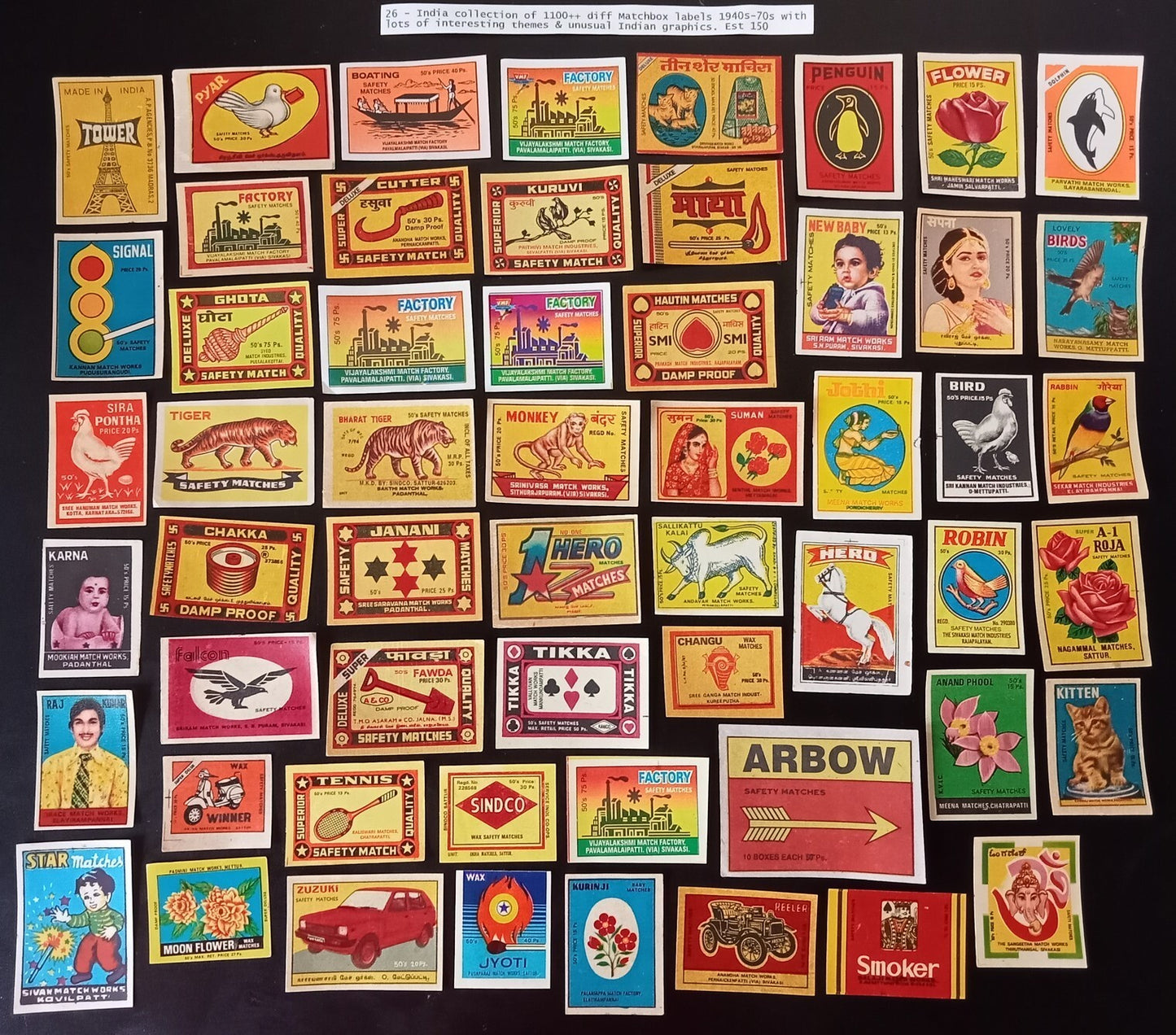 Collection of vintage matchbox labels India unusual graphics 900+ different