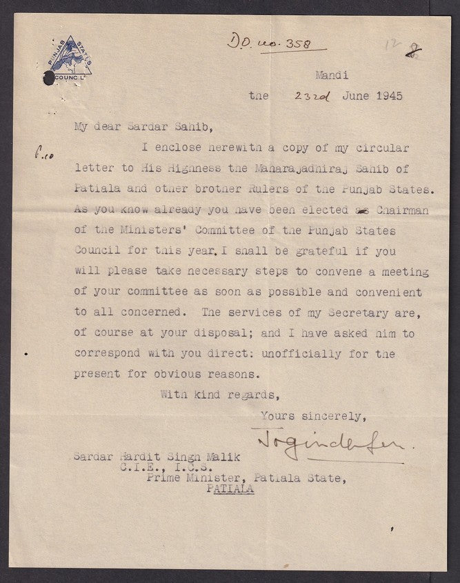 India 1945 crested letter PANJAB STATES COUNCIL sd Joginder Singh, Sikh scholar