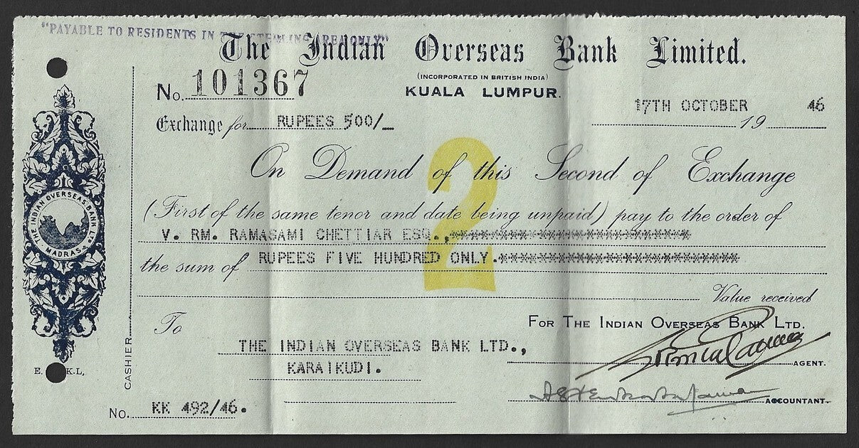 Malaya Indian Overseas Bank, Kuala Lumpur 1946 check cheque