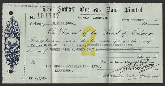 Malaya Indian Overseas Bank, Kuala Lumpur 1946 check cheque