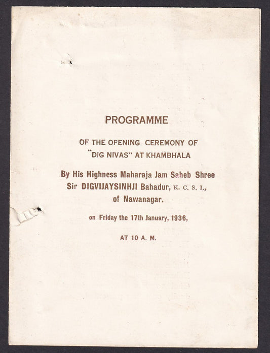 India Nawanagar State 1936 Programme -opening ceremony 'Dig Niwas'