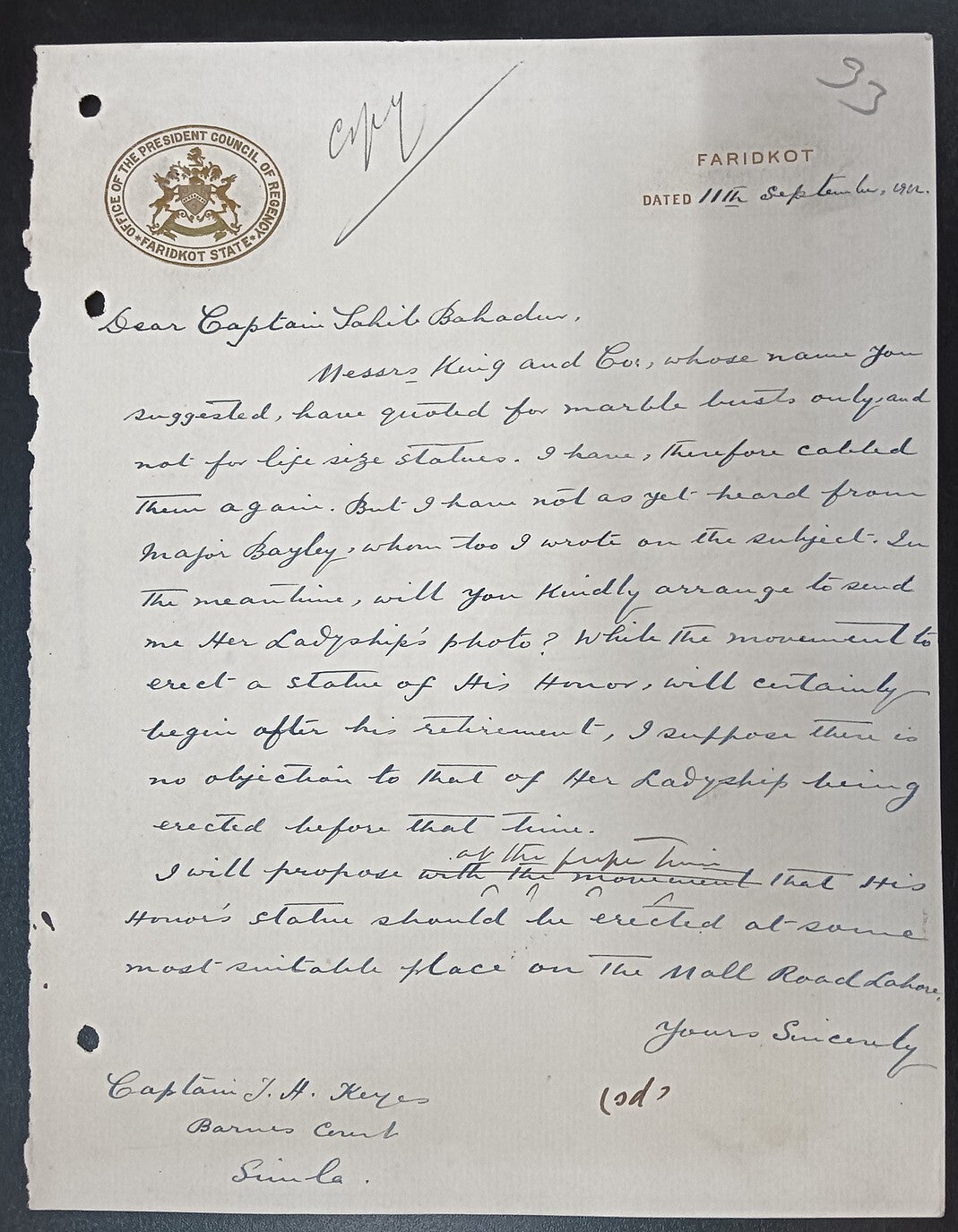 India OFFICE OF PRESIDENT COUNCIL OF REGENCY FARIDKOT STATE 1912 crested letter