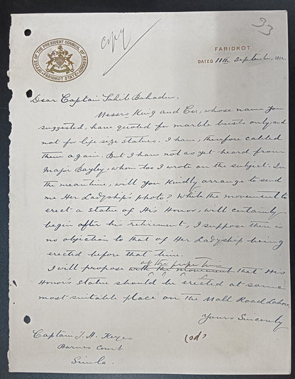 India OFFICE OF PRESIDENT COUNCIL OF REGENCY FARIDKOT STATE 1912 crested letter