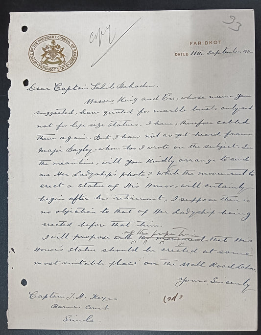 India OFFICE OF PRESIDENT COUNCIL OF REGENCY FARIDKOT STATE 1912 crested letter