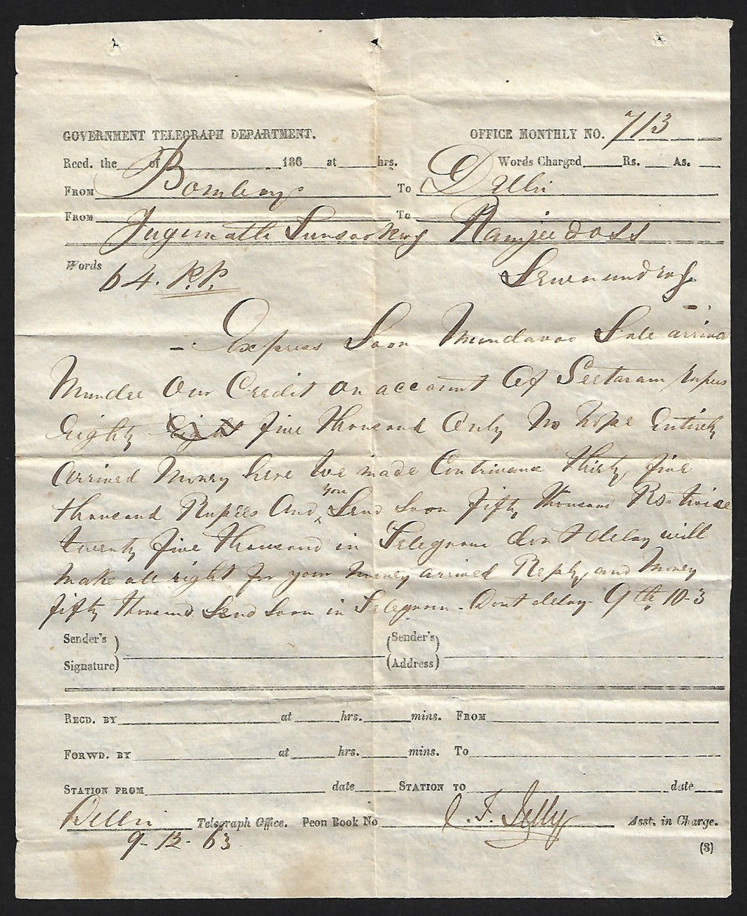 India Electric Telegram used 1863