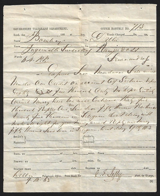 India Electric Telegram used 1863