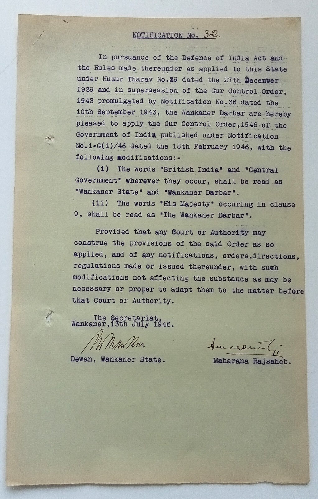 (AOP) India 1946 GUR CONTROL ORDER signed by Amar Singh MAHARAJA of WANKANER