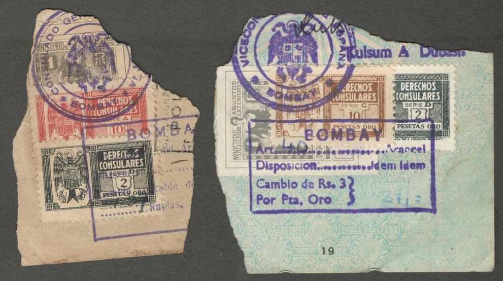 AOP Spain Consular stamps on pieces used Bombay, India