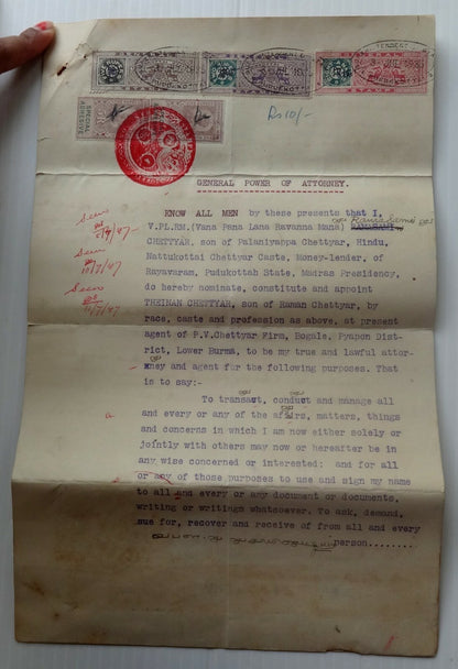 India Travancore revenue stamps 8a, 2R & 5R + India KGV 2R & 5R on document