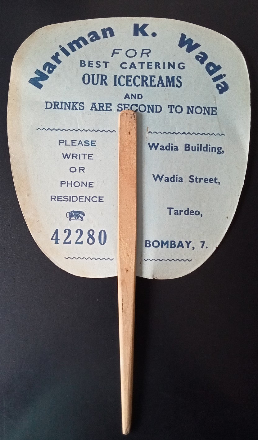 India vintage c.1940 HAND FAN with advertisement for Narinam Wadia Ice Cream