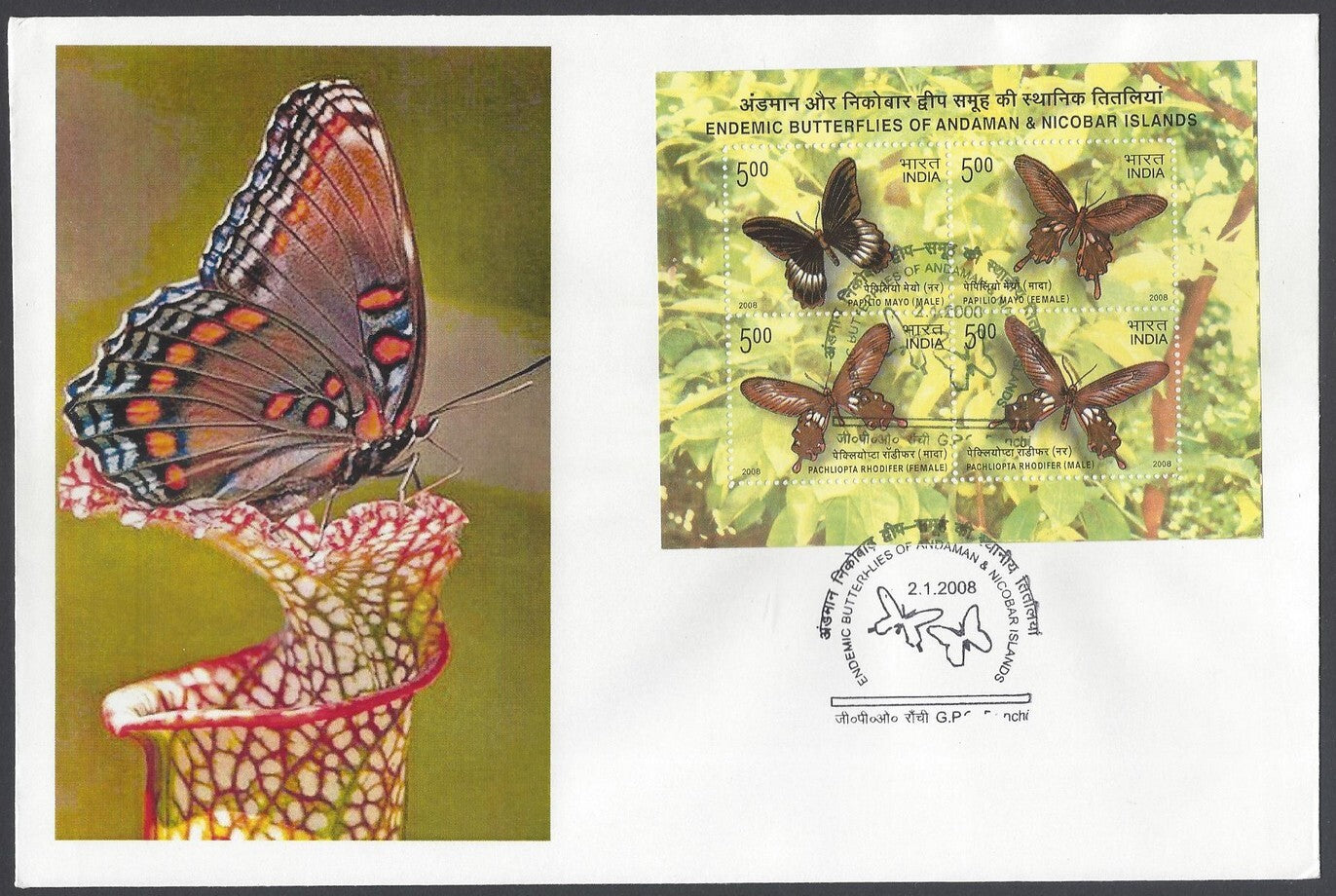 India 2008 Endemic Butterflies of Andaman & Nicobar Islands MS First Day cover