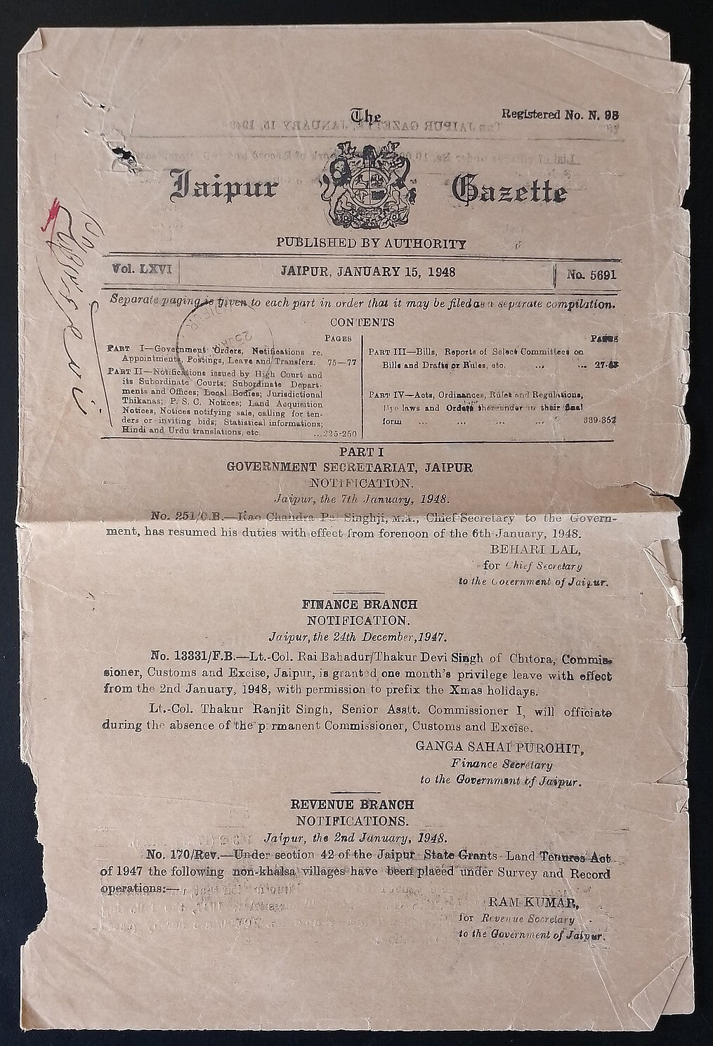 AOP India JAIPUR STATE GAZETTE 1927-48 (5)